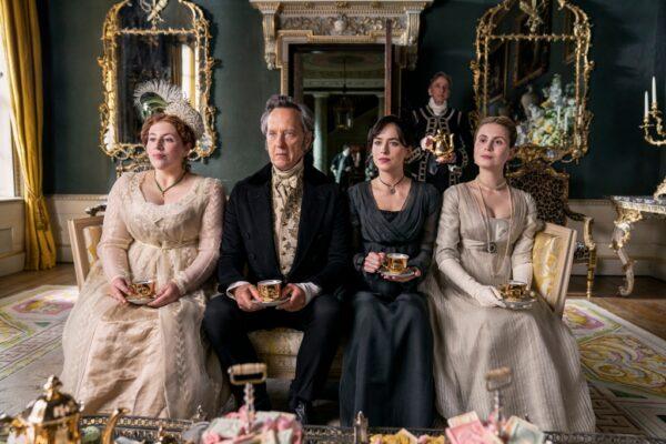 (L–R) Lydia Rose Bewley as Penelope Clay, Richard E. Grant as Sir Walter Elliot, Dakota Johnson as Anne Elliot, and Yolanda Kettle as Elizabeth Elliot in "Persuasion." (Nick Wall/Netflix)