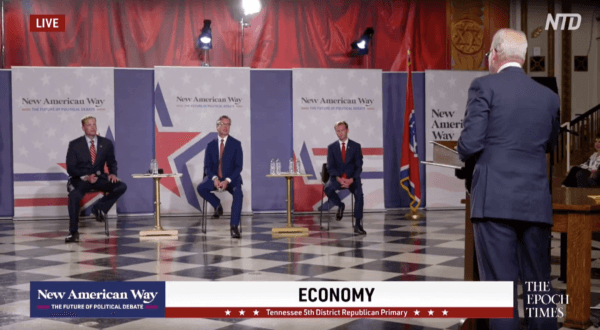 (L-R) Tres Wittum, Andy Ogles, and Jeff Beierlein are questioned by economist Jeffrey Tucker at Tennessee 5th Congressional District debate on July 12. (Screenshot/EpochTV)