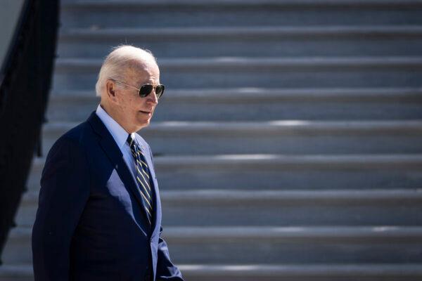 President Joe Biden exits the White House and walks to Marine One on the South Lawn, in Washington, on May 11, 2022. (Drew Angerer/Getty Images)