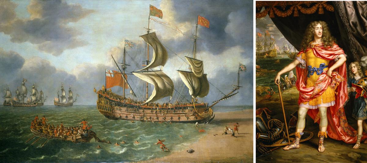 (Left) "The Wreck of the Gloucester off Yarmouth, 6 May 1682," by Johan Danckerts, 1682. (<a href="https://commons.wikimedia.org/wiki/File:The_Wreck_of_the_%27Gloucester%27_off_Yarmouth,_6_May_1682_RMG_BHC3369.tiff">Public Domain-US</a>); (Right) James, Duke of York (1633-1701), by Henri Gascar, 1672–3. (<a href="https://commons.wikimedia.org/wiki/File:Henri_Gascars_(1634-1701)_-_James,_Duke_of_York_(1633%E2%80%931701)_-_BHC2797_-_Royal_Museums_Greenwich.jpg">Public Domain-US</a>)