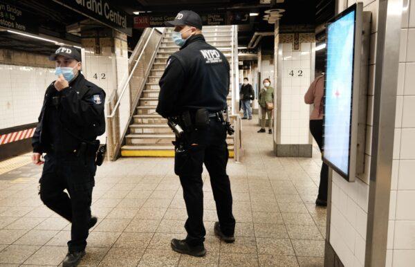 Police officers in a Times Square subway station in New York City on April 25, 2022. (Spencer Platt/Getty Images)