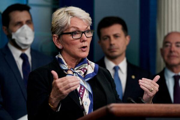 U.S. Secretary of Energy Jennifer Granholm speaks during a briefing about the bipartisan infrastructure law at the White House on May 16, 2022. (Elizabeth Frantz/Reuters)