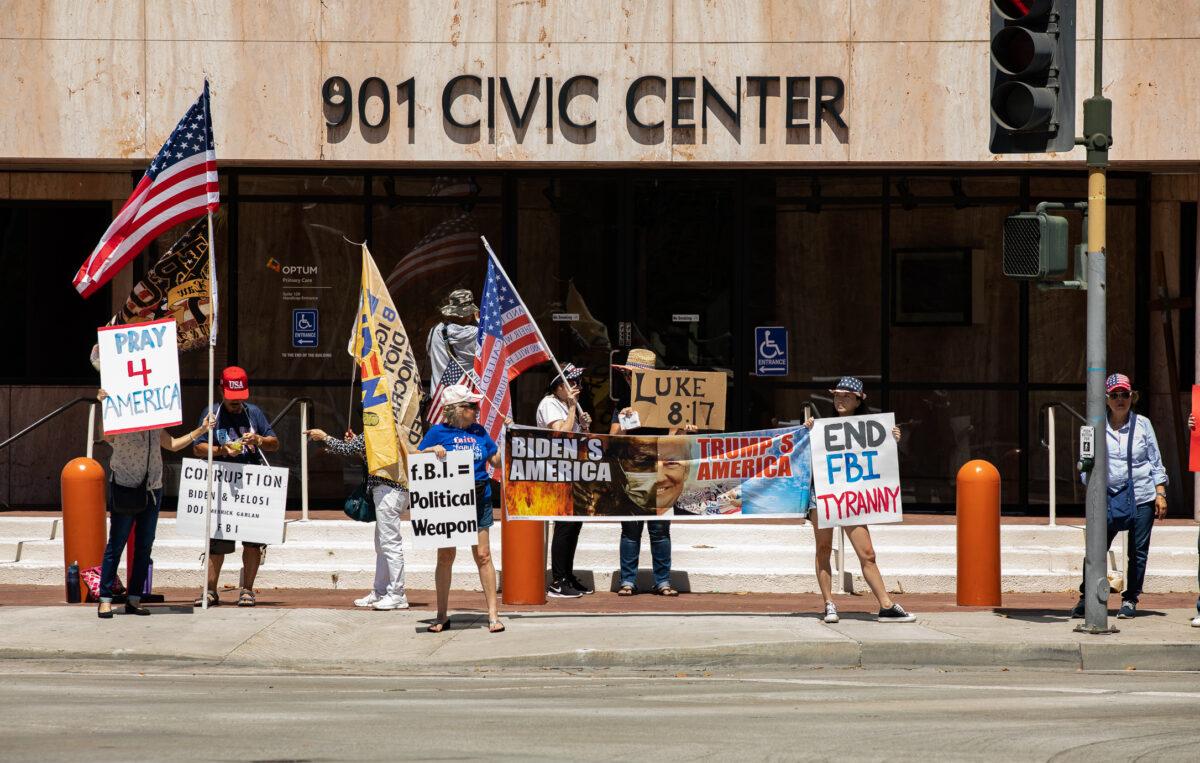 People gather in protest of the FBI in Santa Ana, Calif., on Aug. 12, 2022. (John Fredricks/The Epoch Times)