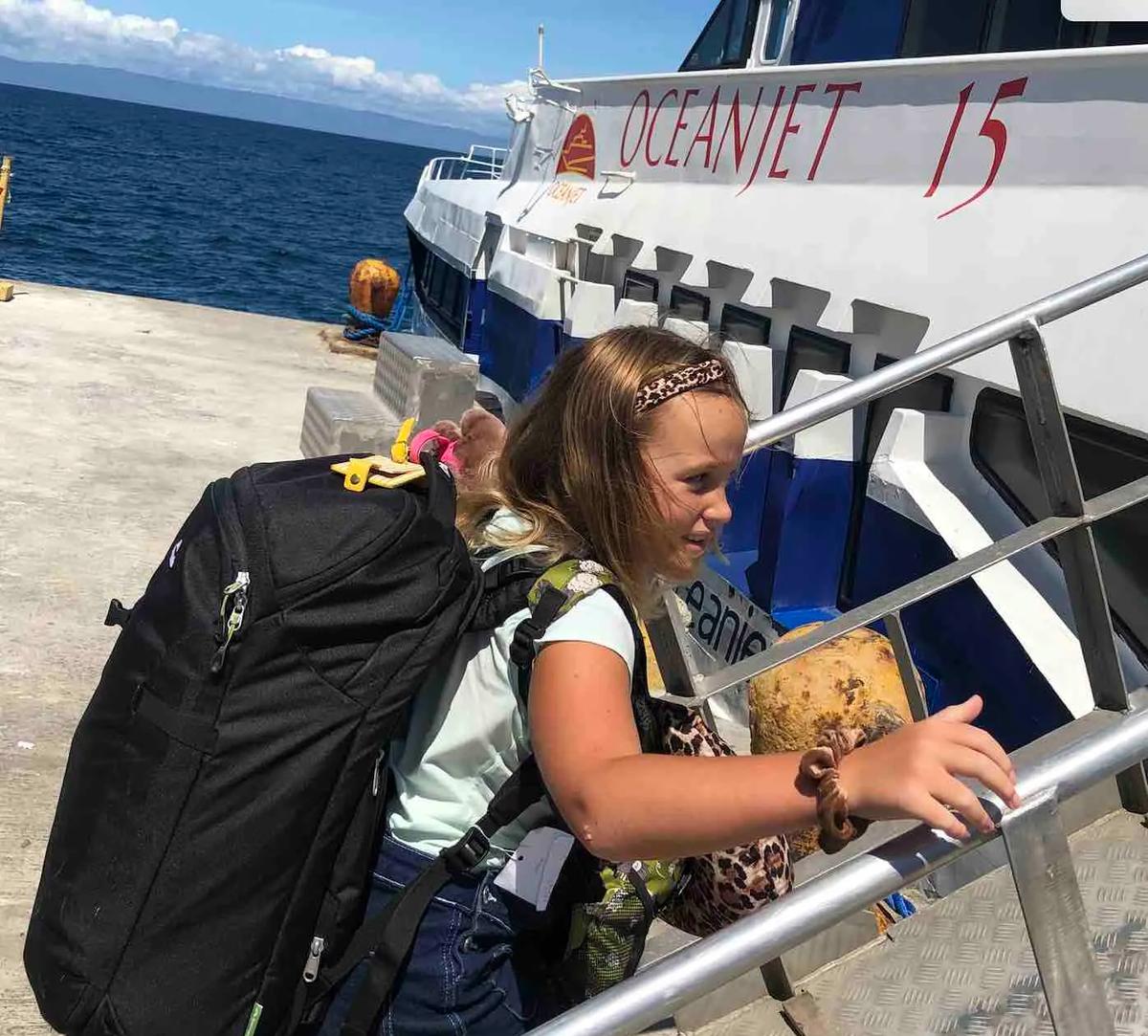 Ferry time – up a steep ramp! (Courtesy of Evie Farrell)