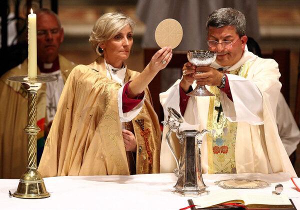 The Right Reverend Kay Goldsworthy with The Most Reverend Roger Herft Archbishop of Perth at the consecration service for her Ordination as Australia's first Anglican bishop at St George's Cathedral in Perth, Australia, on May 22, 2008. (Paul Kane/Getty Images)