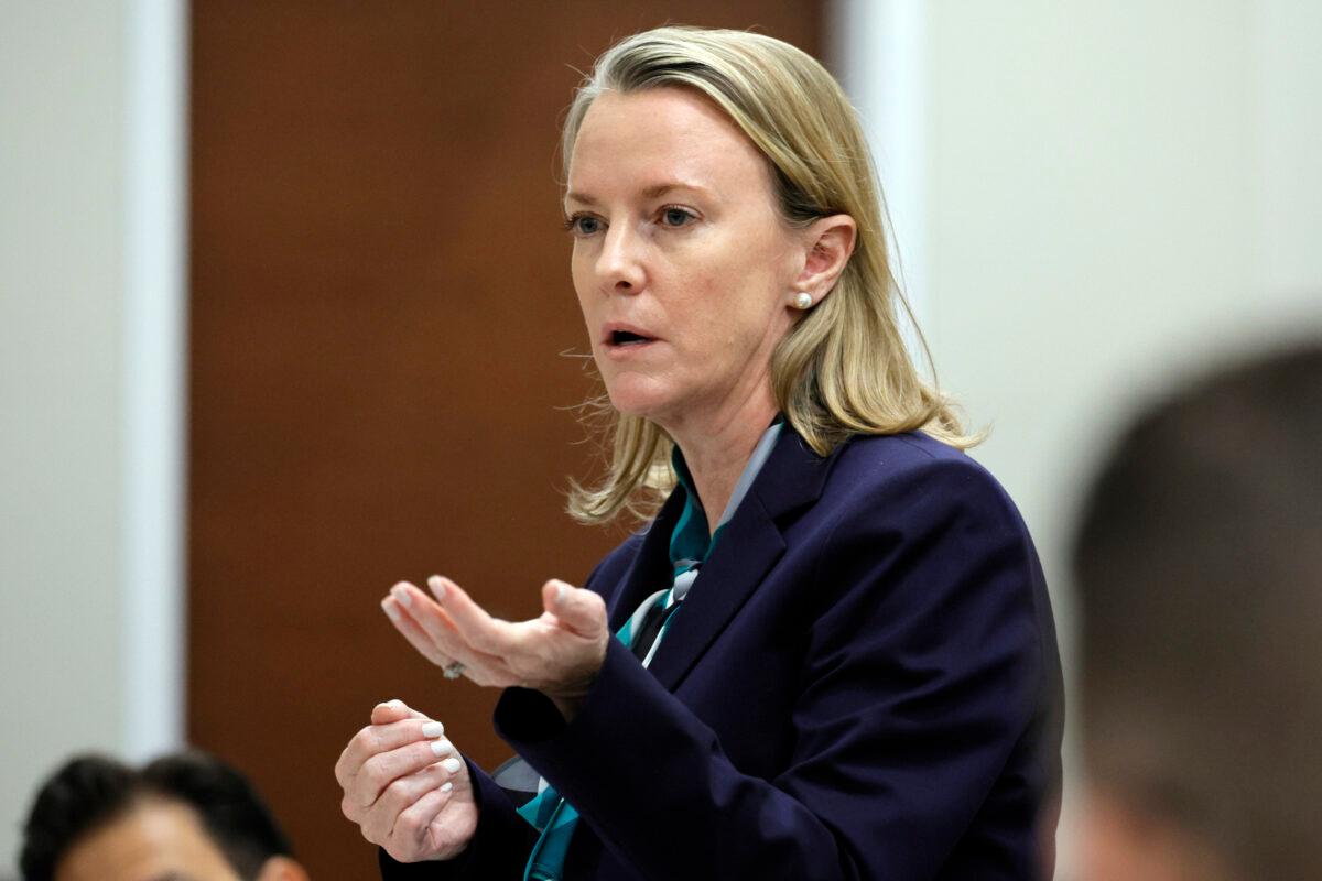 Assistant Public Defender Melissa McNeill speaks in court before the start of the day's jury selection in the penalty phase of the trial of Marjory Stoneman Douglas High School shooter Nikolas Cruz at the Broward County Courthouse in Fort Lauderdale, Fla. on May 17, 2022. (Amy Beth Bennett/South Florida Sun Sentinel via AP, Pool)