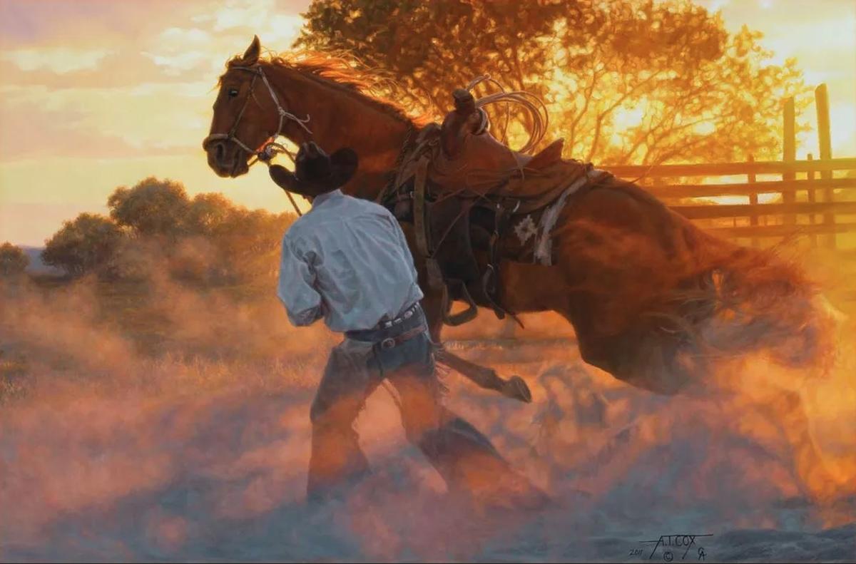 "When Horse Whispering Gets Loud" by Tim Cox, oil on masonite painting. (Courtesy of <a href="https://www.instagram.com/timcoxfineart/">Tim Cox Fine Art</a>)