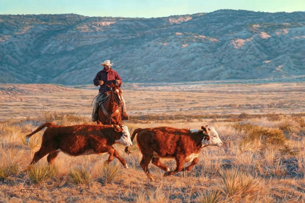 "Gathering the Weaning Trap" by Tim Cox, oil on masonite painting. (Courtesy of <a href="https://www.instagram.com/timcoxfineart/">Tim Cox Fine Art</a>)