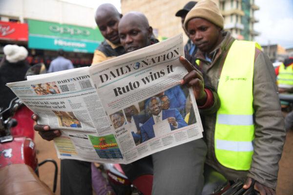 Kenyan daily newspaper Daily Nation proclaims Kenya's 5th President elect William Ruto the winner of the hard-fought presidential election on Aug. 16, 2022, in Eldoret but his opponents cry foul. All eyes were on defeated rival Raila Odinga, who failed at his fifth stab at the presidency but has yet to make any public comments about the outcome of the Aug. 9 election. (SIMON MAINA/AFP via Getty Images)