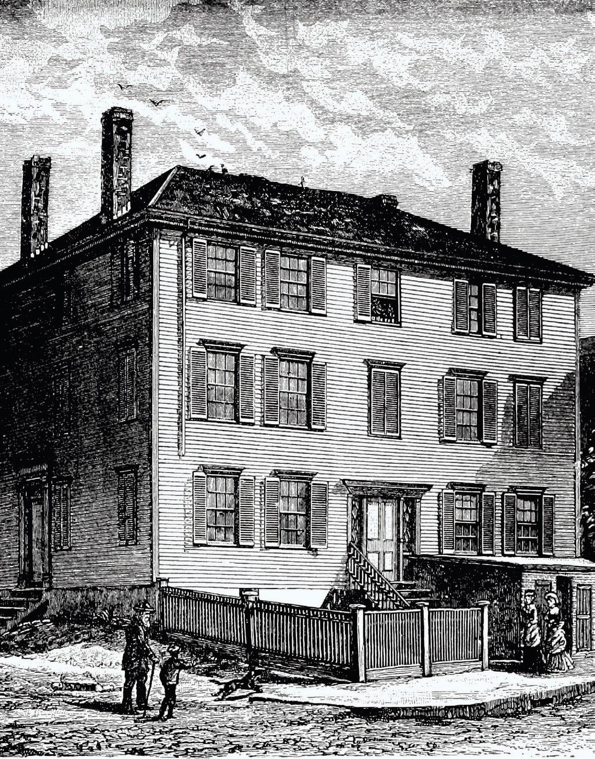 Longfellow’s birthplace, located on the corner of Hancock and Fore streets in Portland, Maine, was demolished in 1955. (Public domain)