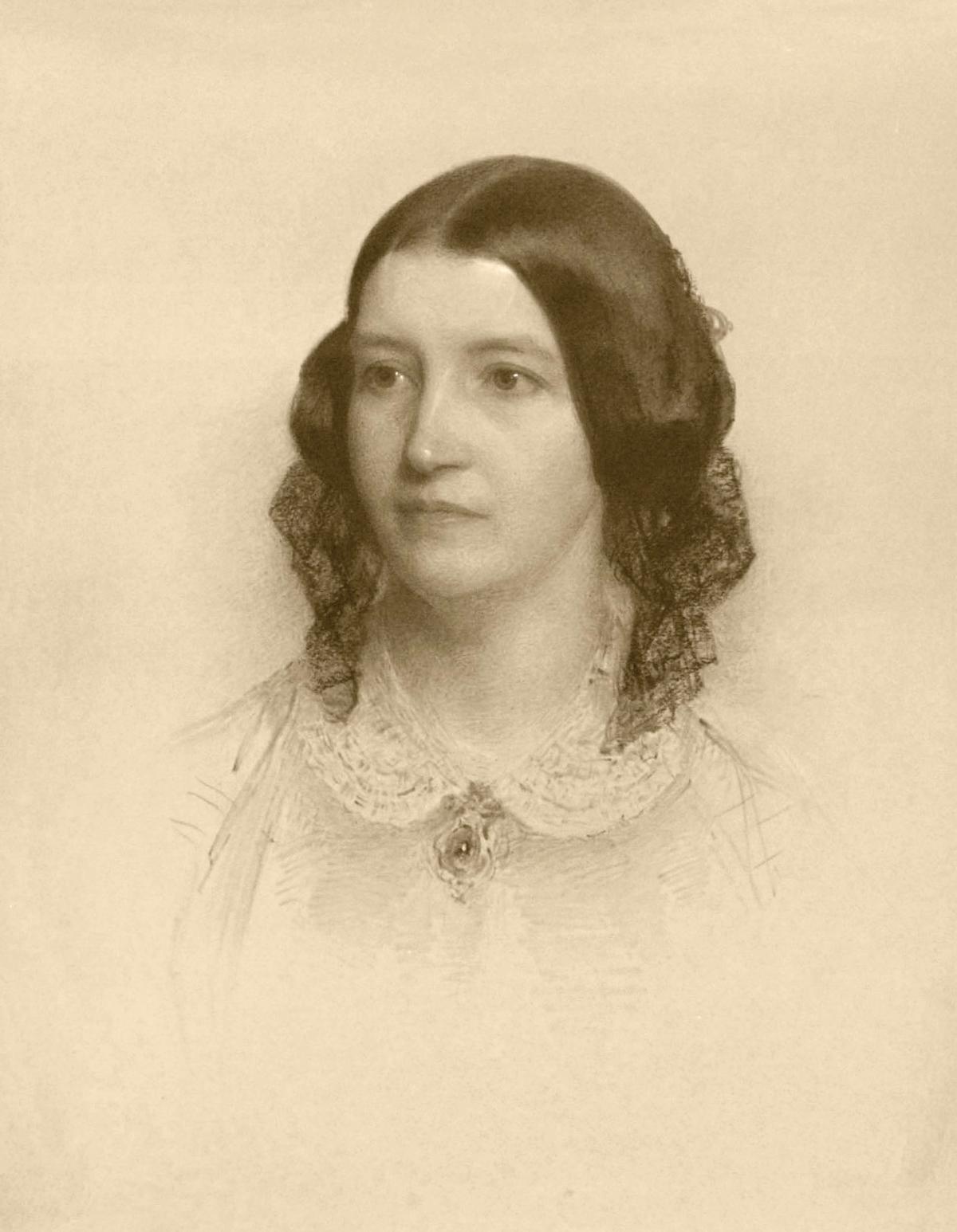 Chalk portrait of Fanny Longfellow, 1859, by Samuel Worcester Rowse, which is referenced in Henry’s poem “The Cross of Snow.” (Public domain)