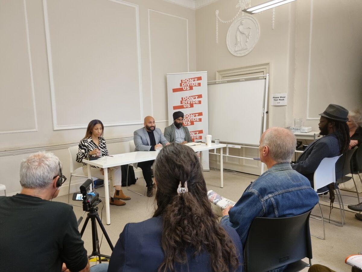 Speakers (L to R) Khadija Khan, Rakib Ehsan, and Hardeep Singh at a Don't Divide Us event in London on Sept. 1, 2022. (Chris Summers/The Epoch Times)