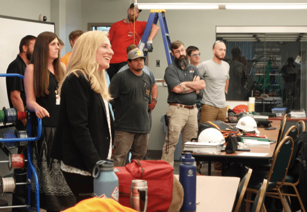 Democratic incumbent Rep. Abigail Spanberger (D-Va.) speaks to a class of trade apprentices at the IBEW Local 26 Training Center in Northern Virginia during a recent campaign visit. (Courtesy of Abigail Spanberger for Congress)