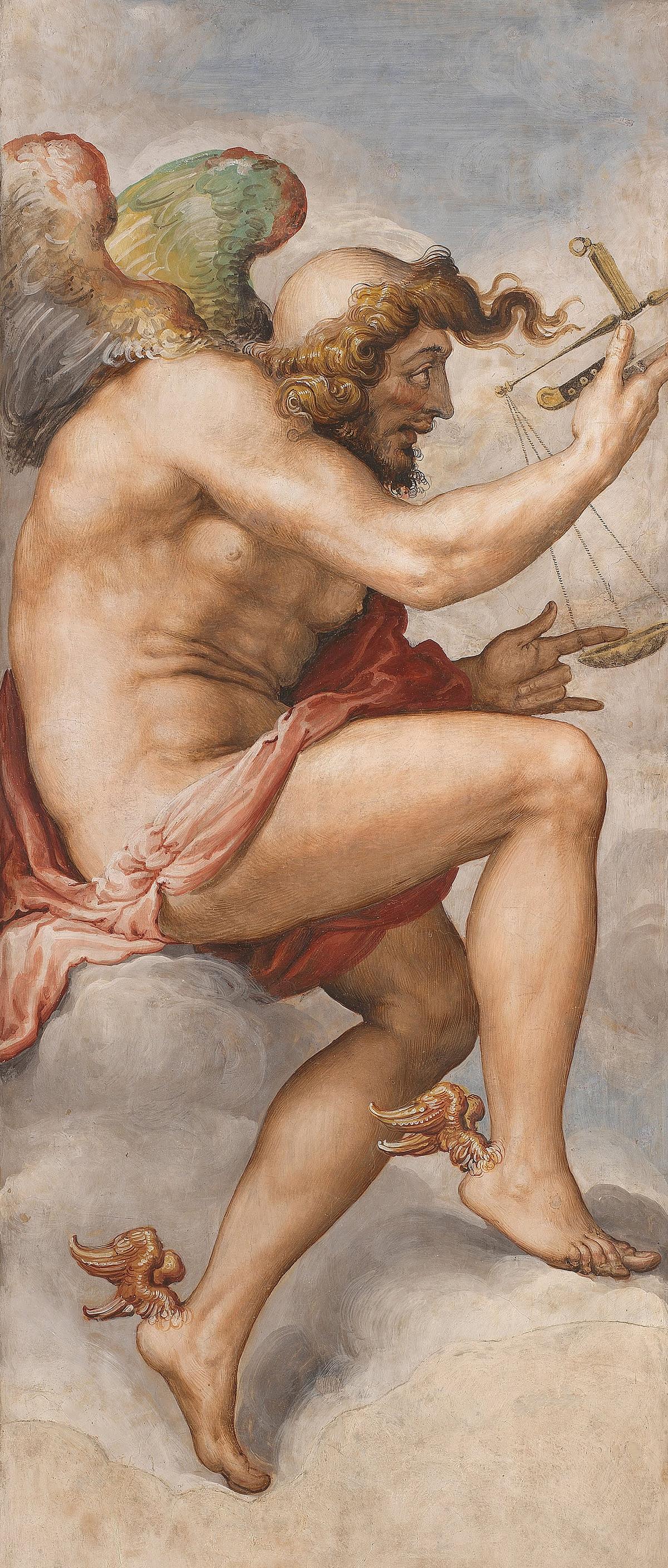Kairos, the god of time, personified. He has one lock of hair and regulates the weight of time with scales. "Time as Occasion (Kairos)," 1543–1545, by Francesco de' Rossi. Fresco at the Palazzo Vecchio Museum in Florence, Italy. (Public Domain)