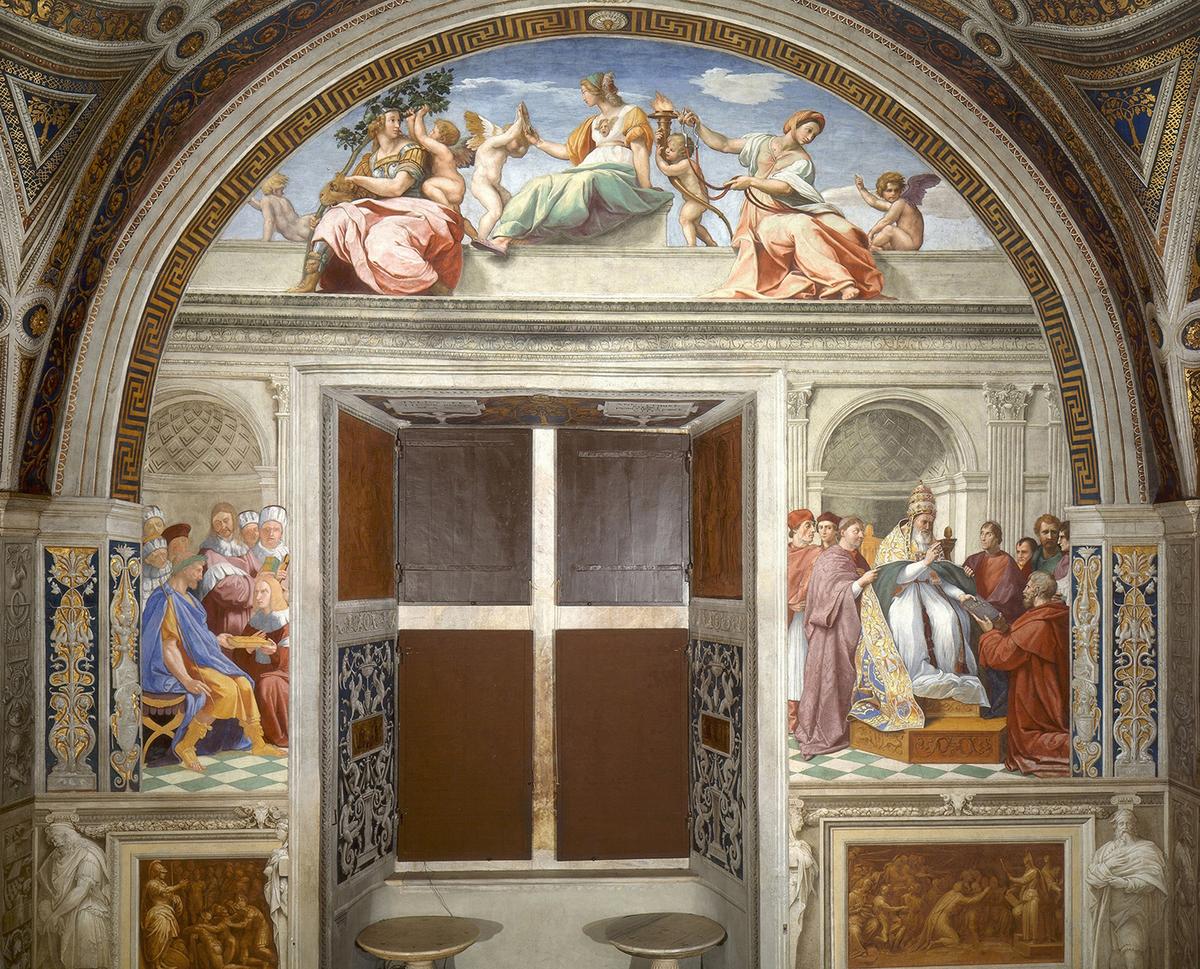 "The Cardinal and Theological Virtues," 1511, by Raphael. Fresco in the Stanza della Segnatura. Apostolic Palace, Vatican City. (Public Domain)
