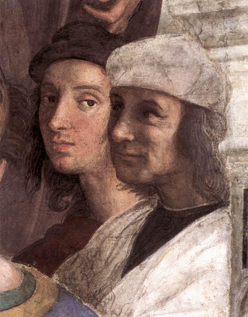 Detail of Raphael's self-portrait (L) representing Apelles, the renowned fourth century B.C. Greek painter, in the fresco "The School of Athens." (Public Domain)