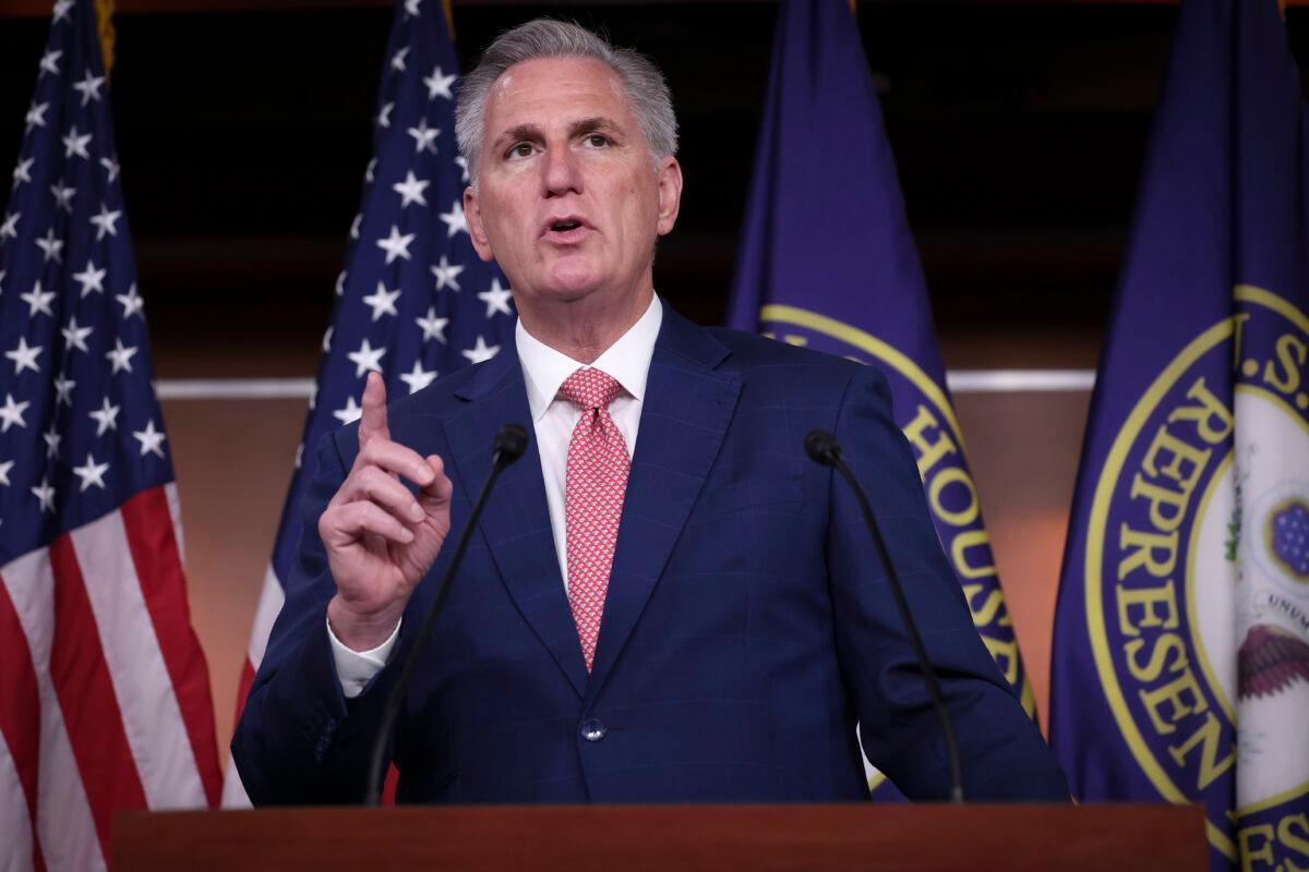 House Minority Leader Kevin McCarthy (R-Calif.) speaks during a press conference at the U.S. Capitol on July 29, 2022. McCarthy is introducing a "Commitment to America" plan for a possible 2023 House Republican majority in a Pittsburgh event on Sept. 23. (Win McNamee/Getty Images)