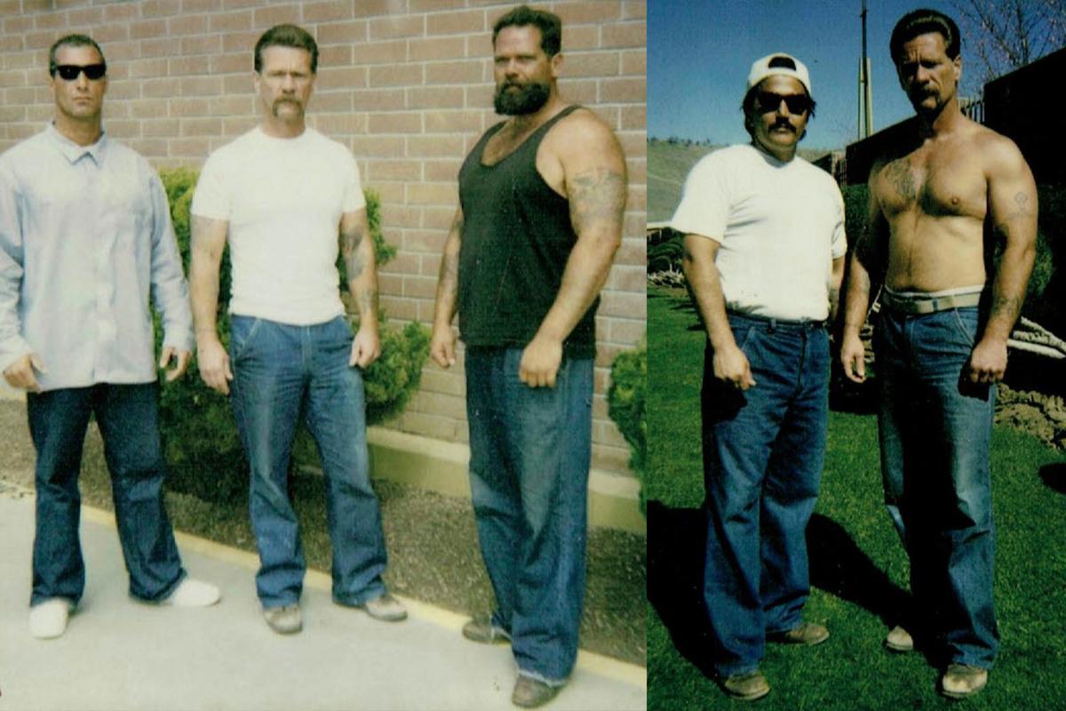(Left) Larry (C) with two friends in prison at Tehachapi, in California; (Right) Larry (R) with a friend named Eddie at Tehachapi State Prison in California. (Courtesy of Larry Clements)