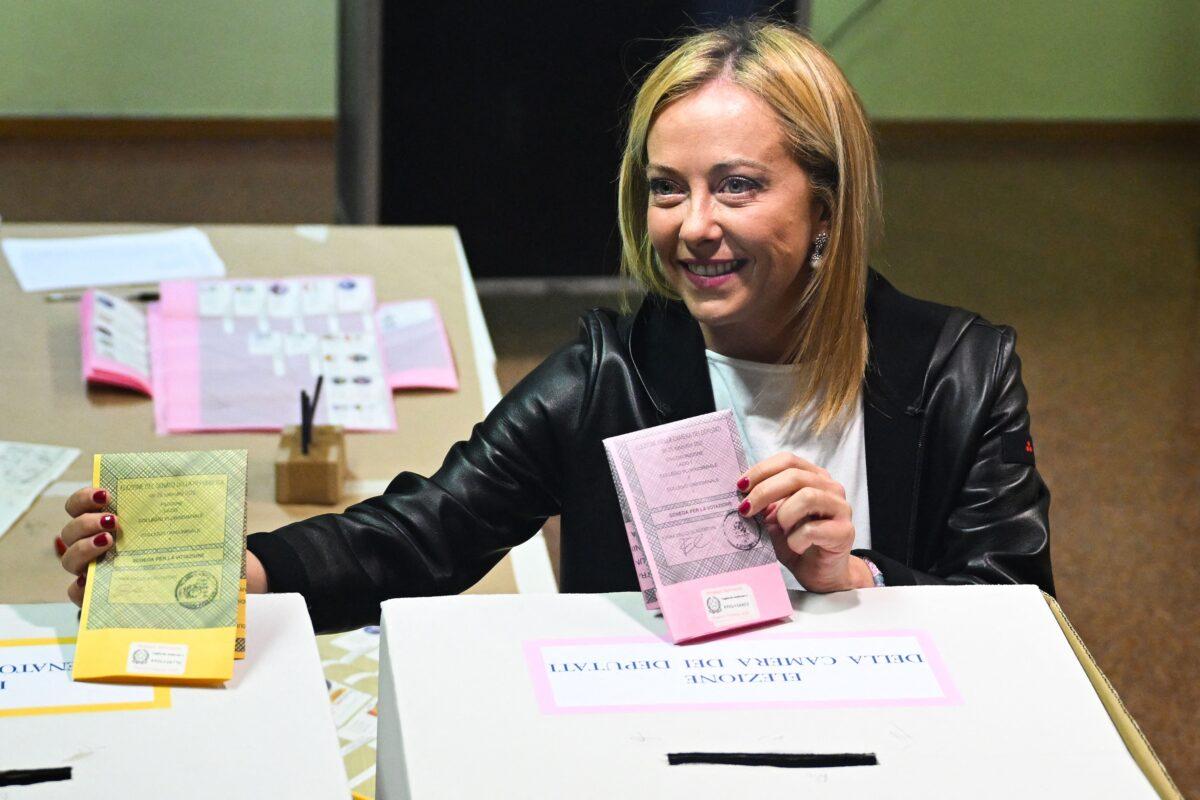 Giorgia Meloni, leader of Brothers of Italy (Fratelli d'Italia) party, casts her vote at a polling station in Rome on Sept. 25, 2022. (Andreas Solaro/AFP via Getty Images)