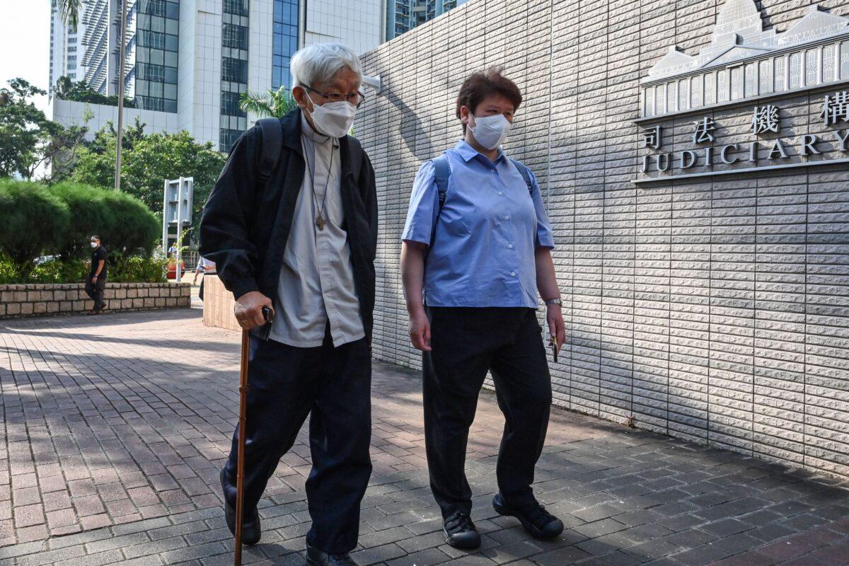 Cardinal Joseph Zen (L), one of Asia's highest-ranking Catholic clerics, arrives at a court for his trial in Hong Kong on Sept. 26, 2022. (Peter Parks/AFP via Getty Images)