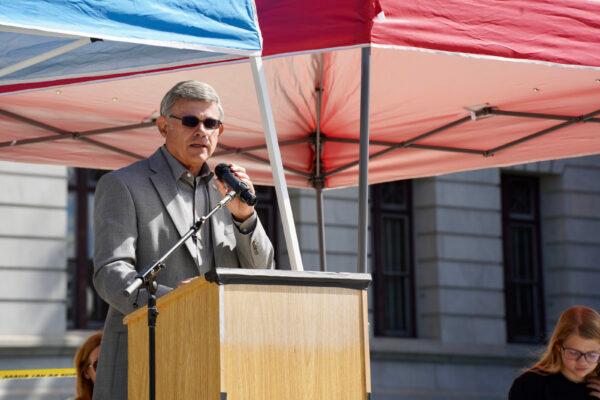 Pennsylvania state representative Dave Zimmerman speaks on the steps of the state capitol, on Sept. 24, 2022. (Serena Shi/The Epoch Times)