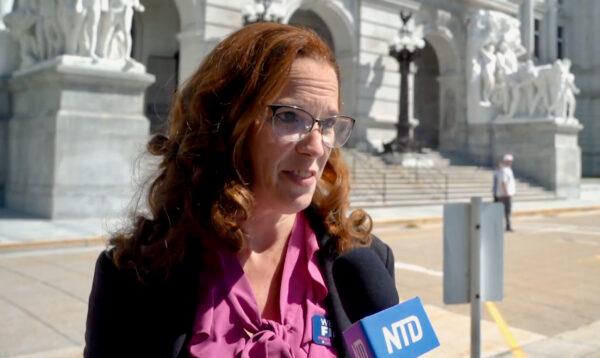 Wendy Fink, the Republican candidate for state representative for Pennsylvania's 94th district, is interviewed at the “Assemble for Freedom" rally on Sept. 24, 2022. (Serena Shi/The Epoch Times)