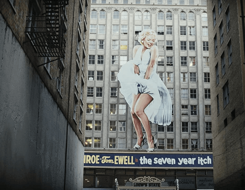 Movie theater marquee of Ana de Armas as Marilyn Monroe, in "Blonde." (Netflix)
