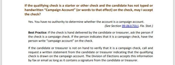 Screenshot from Page 19 of the Florida Division of Elections 2022 Supervisor's Handbook on Candidate Qualifying, outlining the procedures to be taken when a candidate or campaign treasurer hand delivers a check that does not have "campaign account" printed or written on it. (Florida Division of Elections)