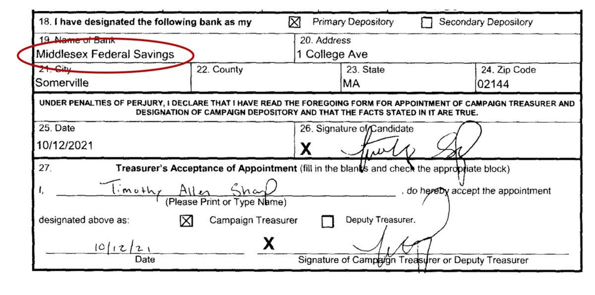 Screenshot from Appointment of Campaign Treasurer and Designation of Campaign Depository for Candidate form in which Tim Sharp designated Middlesex Federal Savings in Sommerville, Mass., as his official campaign account holder. (Florida Department of State/Division of Elections website)