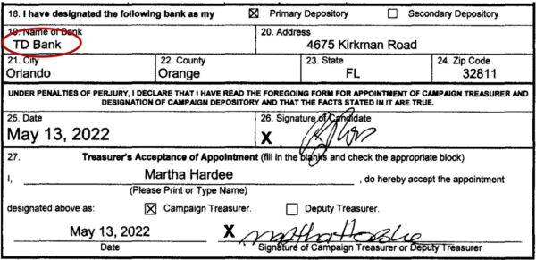 Screenshot from Appointment of Campaign Treasurer and Designation of Campaign Depository for Candidate form received May 16, 2022, by the DOE, in which Randy Ross designated his account at TD Bank in Orange County, Florida, as his official campaign account. (Florida Department of State/Division of Elections website)