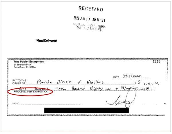 A screenshot of the check received June 17, 2022, by the Florida Division of Elections, written from Tim Sharp's designated campaign account at Middlesex Federal Savings in Sommerville, Mass. (Florida Department of State/Division of Elections website)