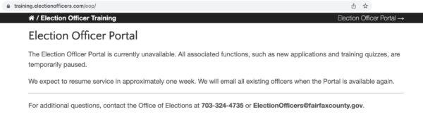 The election officer portal of Fairfax County in northern Virginia says it’s unavailable on Oct. 6, 2022. (Screenshot via The Epoch Times)