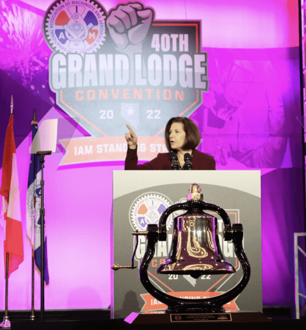 First-term incumbent Sen. Catherine Cortez Masto (D-Nev.) addresses members of the International Association of Machinists & Aerospace Workers union at their 40th Grand Lodge Convention in Las Vegas on Oct. 3, 2022. (Courtesy Catherine Cortez Masto for Senate)