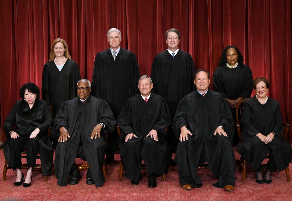 Justices of the U.S. Supreme Court pose for the court's official portrait in Washington on Oct. 7, 2022. (Olivier Douliery/AFP via Getty Images)