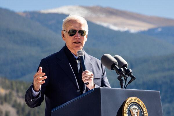 U.S. President Joe Biden gives a speech before designating Camp Hale as a national monument in Red Cliff, Colo., on Oct. 12, 2022. (Michael Ciaglo/Getty Images)