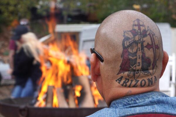 Eddie "Smiley" Hernandez of the Ascendants Motorcycle Club at a club gathering in Jerome, Ariz., on Oct. 15, 2022. (Allan Stein/The Epoch Times)