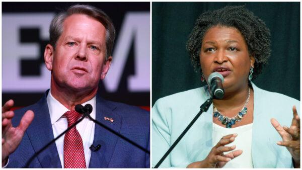(Left) Republican gubernatorial candidate Gov. Brian Kemp speaks during his primary night election party at the Chick-fil-A College Football Hall of Fame in Atlanta on May 24, 2022. (Joe Raedle/Getty Images); (Right) Stacey Abrams speaks onstage during the Beautiful Noise Live Equality on the Ballot panel at Buckhead Theatre in Atlanta on Sept. 19, 2022. (Marcus Ingram/Getty Images)