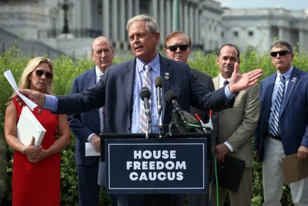 Rep. Ralph Norman (R-S.C.) speaks at a news conference on the infrastructure bill with fellow members of the House Freedom Caucus, outside the Capitol Building in Washington on Aug. 23, 2021. (Kevin Dietsch/Getty Images)