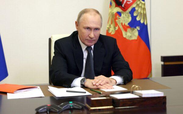 Russian President Vladimir Putin chairs a Russian National Security Council meeting via a video link at the Novo-Ogaryovo state residence outside Moscow on Oct. 19, 2022. (Sergei Ilyin/Sputnik/AFP via Getty Images)