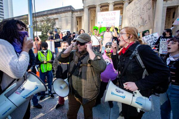 Protesters yell at supporters of Matt Walsh and The Daily Wire’s “Rally to End Child Mutilation” Oct. 21, 2022 in Nashville, Tennessee. (Bobby Sanchez/The Epoch Times)