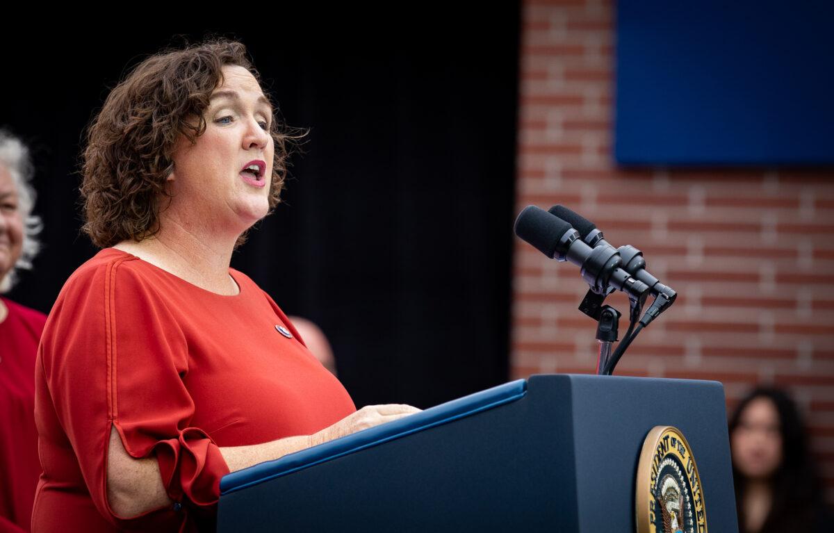 Rep. Katie Porter (D-Calif.) speaks in Irvine, Calif., on Oct. 14, 2022. (John Fredricks/The Epoch Times)