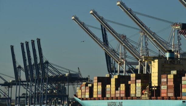 Cranes stack cargo containers at the Port of Baltimore in Baltimore, Md., on Nov. 10, 2021. (Brendan Smialowski/AFP via Getty Images)