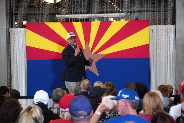 Arizona state Rep. Mark Finchem, the Republican candidate for Secretary of State, speaks before a large gathering in Phoenix, Ariz., on Nov. 3, 2022. (Allan Stein/The Epoch Times)