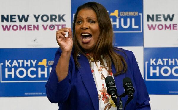 New York attorney general Letitia James speaks during a "Get Out the Vote" rally with New York Gov. Kathy Hochul, U.S. Secretary of State Hilary Clinton, and Vice President Kamala Harris in New York on Nov. 3, 2022. (Timothy A. Clary/AFP via Getty Images)