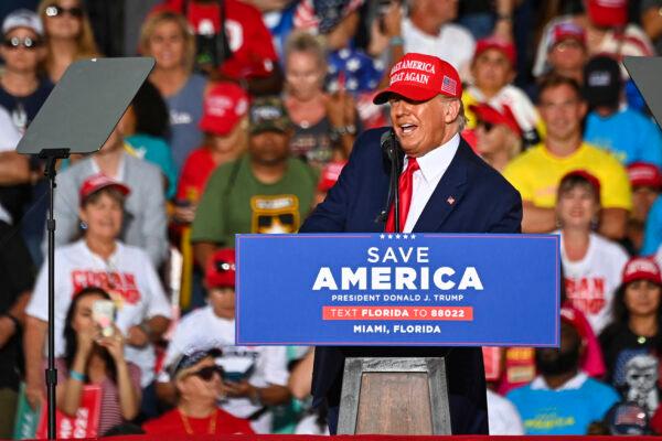 Former President Donald Trump speaks during a 'Save America' rally in support of Sen. Marco Rubio (R-Fla.) ahead of the midterm elections at Miami-Dade County Fair and Exposition in Miami on Nov. 6, 2022. (Eva Marie Uzcategui/AFP via Getty Images)