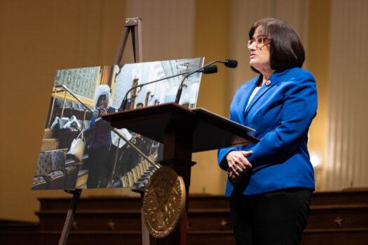 Rep. Annie Kuster (D-N.H.) speaks as members of Congress share recollections of the 2021 breach of the U.S. Capitol on Jan. 6, 2022. (Graeme Jennings-Pool/Getty Images)