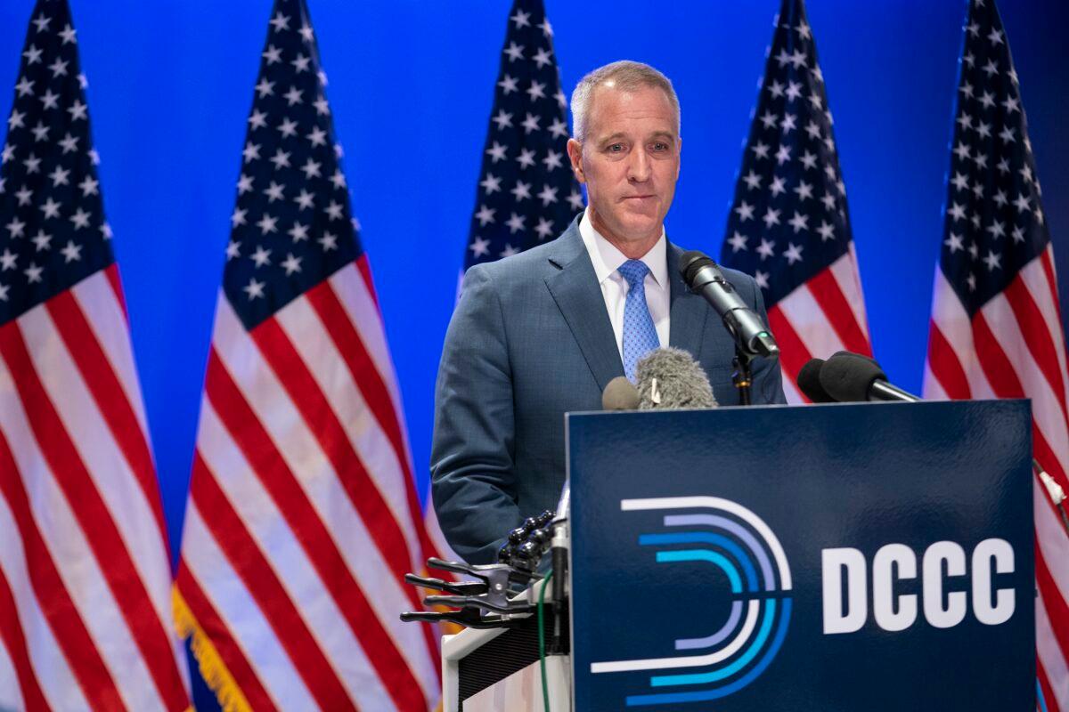 Rep. Sean Patrick Maloney (D-N.Y.), leader of the Democratic Congressional Campaign Committee (DCCC), speaks during a news conference shortly after conceding to opponent Mike Lawler at the DCCC in Washington on Nov. 9, 2022. (Sarah Silbiger/Getty Images)