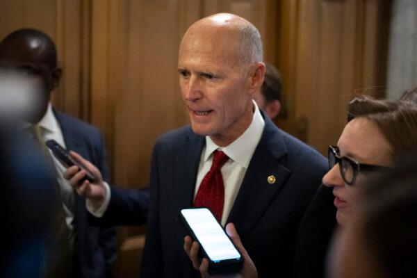 Sen. Rick Scott (R-Fla.) talks to reporters after meeting with Senate Republicans at the U.S. Capitol in Washington on Nov. 15, 2022. (Drew Angerer/Getty Images)