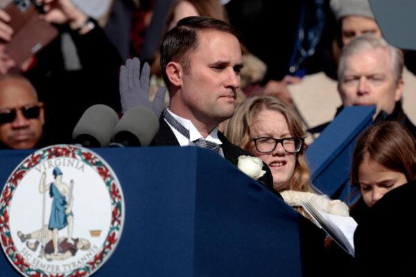 Jason Miyares is sworn in as the attorney general in Richmond, Va., on Jan. 15, 2022. (Anna Moneymaker/Getty Images)