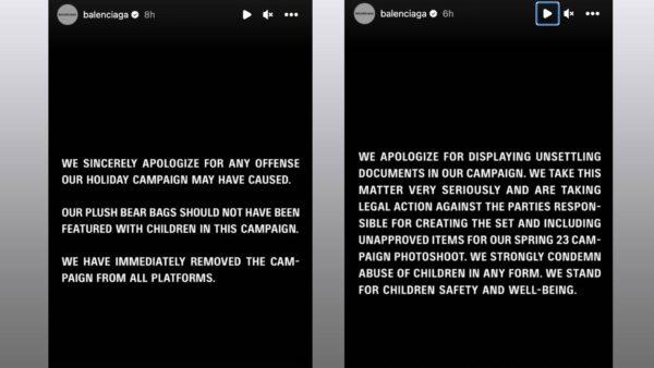 Balenciaga issues apologies on Instagram over its Balenciaga Objects and Spring 23 collection ad campaigns, on Nov. 22, 2022. (Screenshots via The Epoch Times)